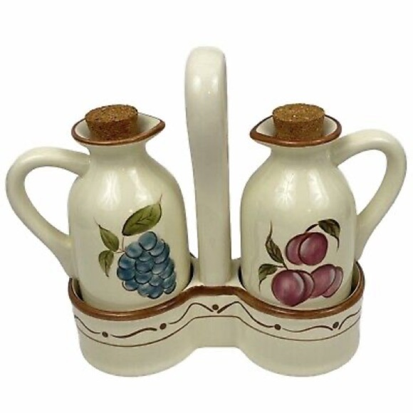 NWOT Around the Orchard by HOME Vinegar and Oil Pottery Bottle Set W/ Ca… - Picture 1 of 15
